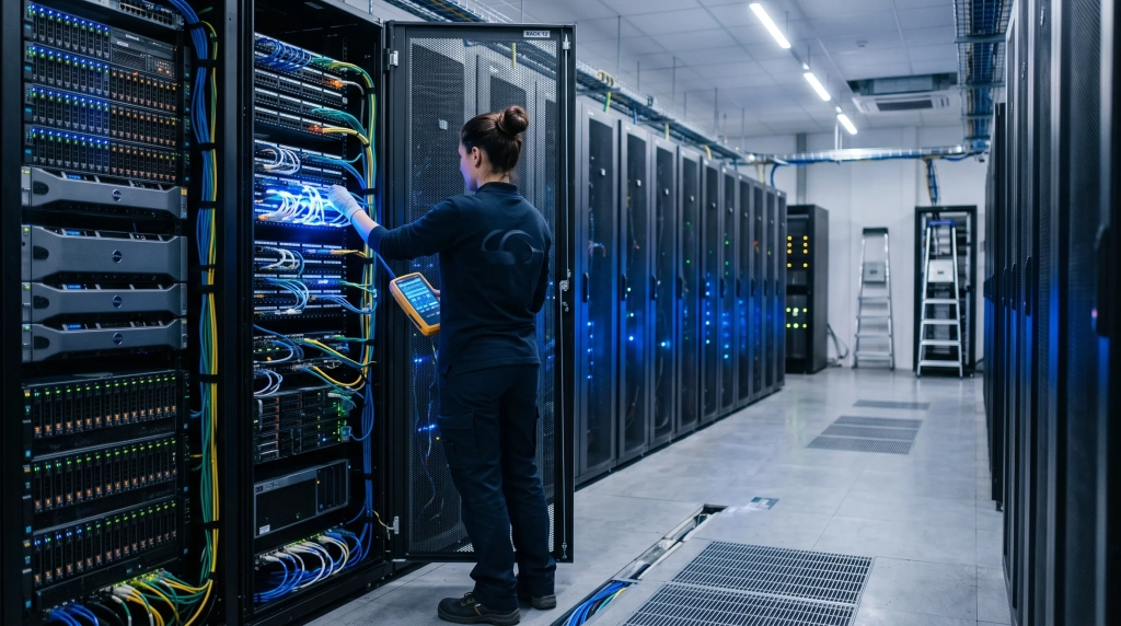 Baies de serveurs dans un centre de données, hébergement de site internet d’entreprise