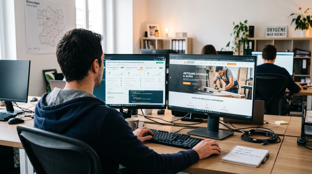 Webmaster en Isère vérifiant les mises à jour d’un site d’entreprise sur deux écrans