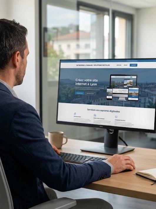 Chef d’entreprise de Genas découvrant la maquette de son futur site internet sur ordinateur
