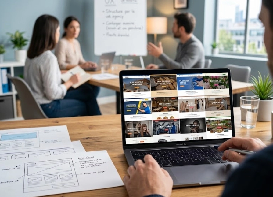 Ordinateur portable présentant plusieurs réalisations de sites internet d’entreprises de l’Est lyonnais