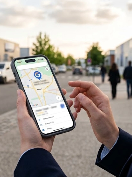 Carte sur smartphone affichant une entreprise locale, visibilité d’un site internet à Genas