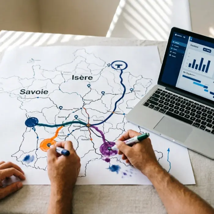 Réunion de travail autour d’une carte de Savoie et d’Isère annotée de zones d’intervention