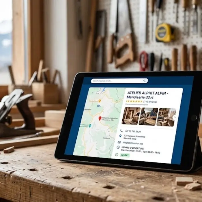 Fiche d’établissement Google d’un artisan consultée sur tablette dans un atelier