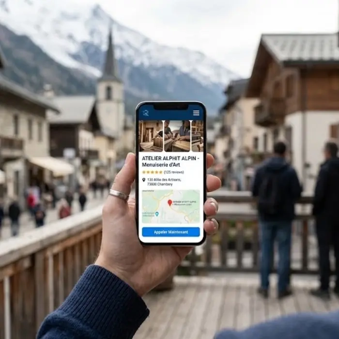 Page locale d’un site d’artisan affichée sur un smartphone avec adresse et bouton d’appel
